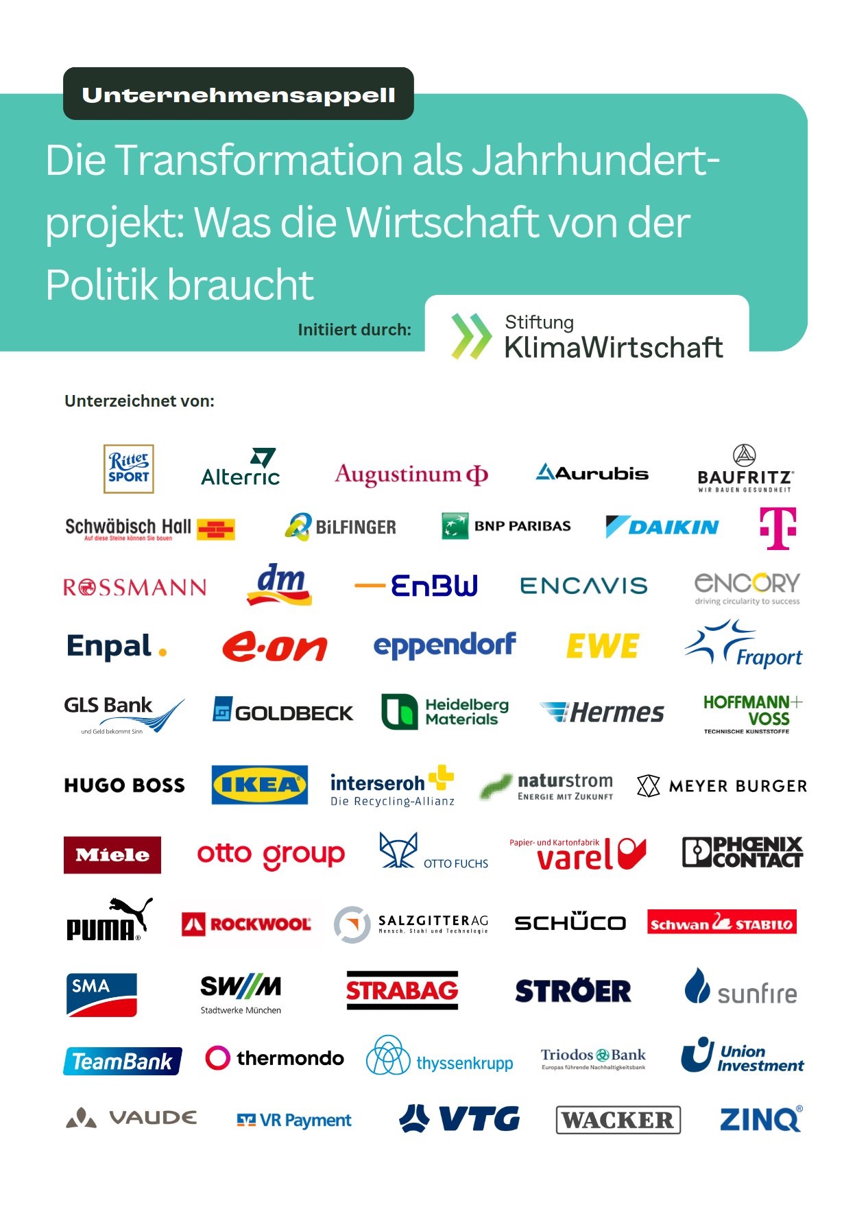 Signatáři dopisu německé vládě, zdroj: Stiftung KlimaWirtschaft